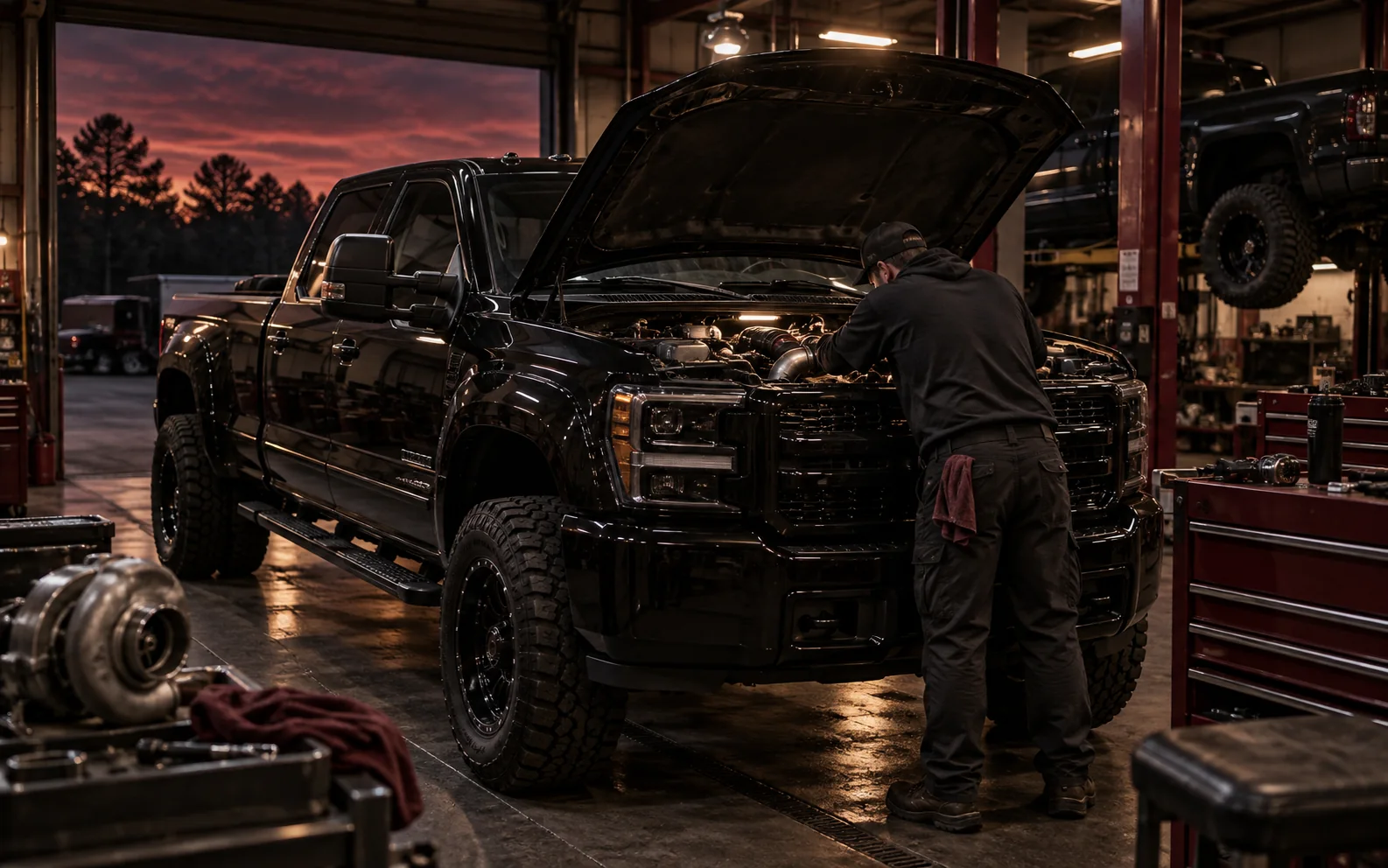 Heavy-duty diesel truck being inspected
